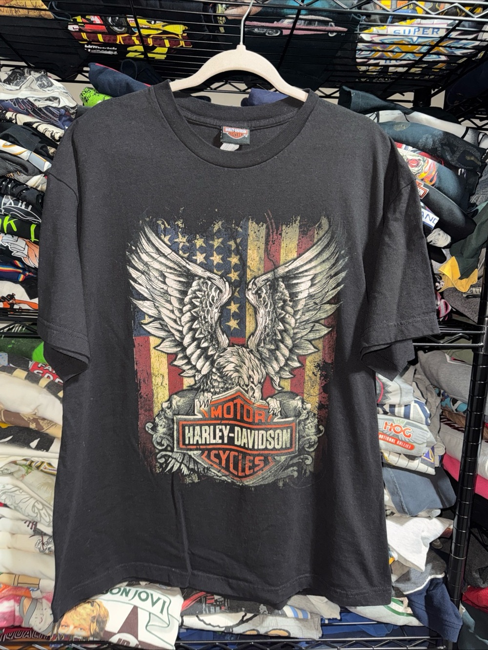 Harley Davidson Shirt Mens XL Black Wisconsin Eagle American Flag Motorcycle
